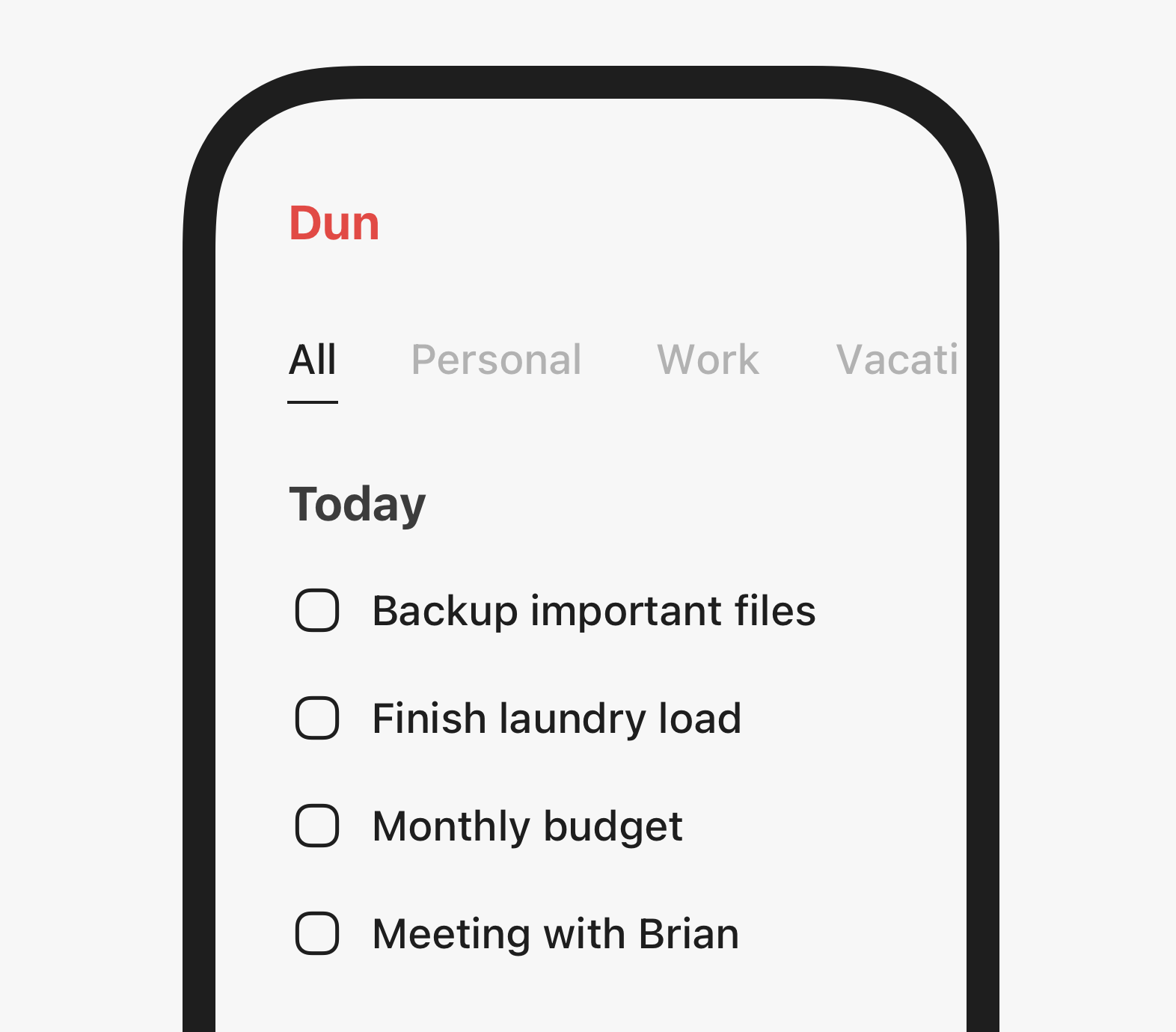 Dun app UI showing lists and today's tasks